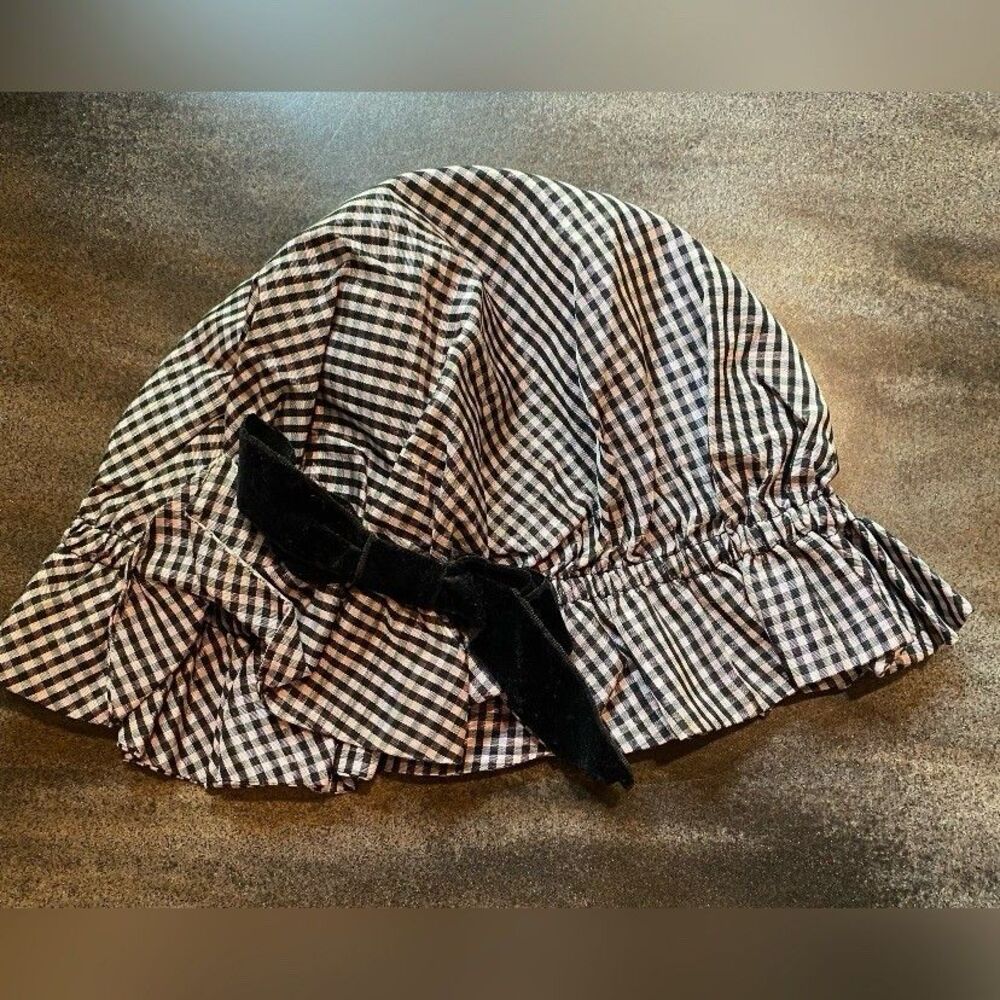 Vintage Baby Girl Hat Sun Bonnet Black White Checks Velvet Bow 6-12 Months